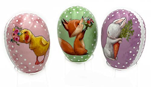 Nestler Ostereier zum Befüllen - Motiv: Frühlingskinder - Fuchs Hase Küken Handgemachte Eier aus Pappe (12 cm) von Nestler