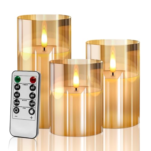 Led Kerzen mit Timerfunktion, Golden Glas flammenlose Kerzen Flackern mit Fernbedienung, Realistische Warme Lichtkerze, Bad Deko, Deko Wohnzimmer, Tischdeko Wohnzimmer, Set von 3 von Nestling