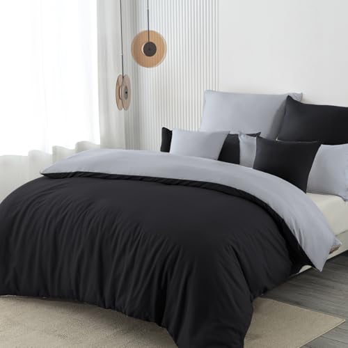 Nesture Bettwäsche 135x200 2teilig Schwarz/Grau Bettwäsche Sets Microfaser Wendebettwäsche 135 x 200, weich & bügelfrei 1 Bettbezug + 1 Kissenbezug 80x80cm mit Reißverschluss von Nesture