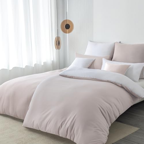 Nesture Bettwäsche 135x200 4teilig Beige/Weiß Bettwäsche Sets Microfaser Wendebettwäsche 135 x 200 4tlg, weich & bügelfrei Bettbezug 2er + Kissenbezug 2er 80x80cm mit Reißverschluss von Nesture