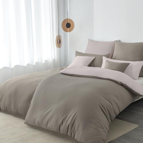 Nesture Bettwäsche 135x200 4teilig Taupe/Beige Bettwäsche Sets Microfaser Wendebettwäsche 135 x 200 4tlg, weich & bügelfrei Bettbezug 2er + Kissenbezug 2er 80x80cm mit Reißverschluss von Nesture