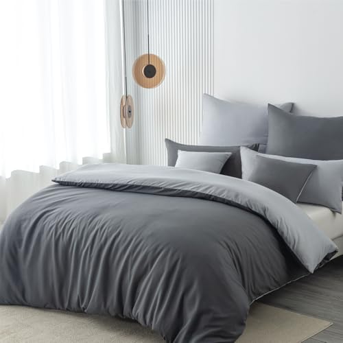 Nesture Bettwäsche 200x220 3teilig Anthrazit/Grau Bettwäsche Sets Microfaser Wendebettwäsche 200 x 220, weich & bügelfrei 1 Bettbezug + 2 Kissenbezug 80x80cm mit Reißverschluss von Nesture