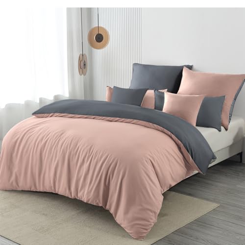 Nesture Bettwäsche 200x220 3teilig Rosa/Anthrazit Bettwäsche Sets Microfaser Wendebettwäsche 200 x 220, weich & bügelfrei 1 Bettbezug + 2 Kissenbezug 80x80cm mit Reißverschluss von Nesture