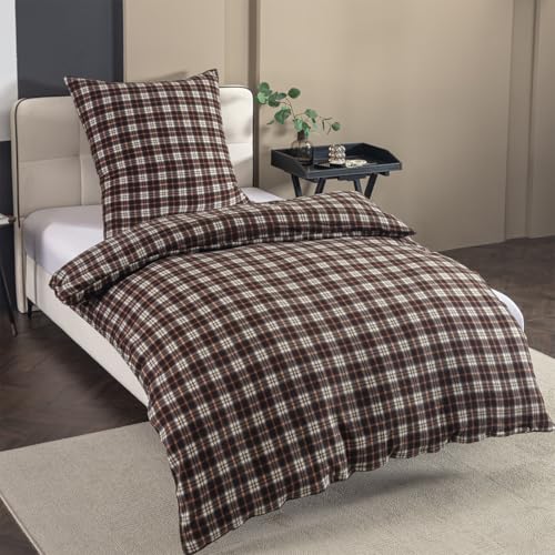 Nesture Winter Warme Thermo Fleece Bettwäsche 135x200, Kuschelig weich Bettwäsche Sets 2 teilig, 1 Bettbezug 135 x 200cm flauschig + 1 Kissenbezug 80x80 mit Reißverschluss, Kariert Braun von Nesture