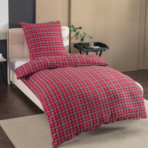 Nesture Winter Warme Thermo Fleece Bettwäsche 135x200, Kuschelig weich Bettwäsche Sets 2 teilig, 1 Bettbezug 135 x 200cm flauschig + 1 Kissenbezug 80x80 mit Reißverschluss, Kariert Rot von Nesture