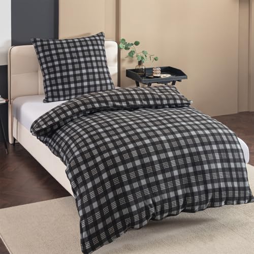 Nesture Winter Warme Thermo Fleece Bettwäsche 140x200, Kuschelig weich Bettwäsche Sets 2 teilig, 1 Bettbezug 140 x 200cm flauschig + 1 Kissenbezug 80x80 mit Reißverschluss, Kariert Anthrazit von Nesture