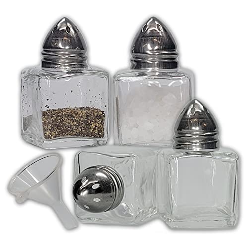 NetSellsIt Mini-Salz- und Pfefferstreuer aus klarem Glas, mit goldfarbenen Deckeln und einfachem Trichter, Silberfarben, 4 Stück von NetSellsIt