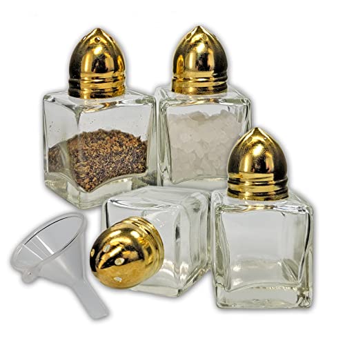 Mini-Salz- und Pfefferstreuer aus klarem Glas mit goldfarbenen Deckeln und einfachem Befülltrichter (Gold), 4 Stück NetSellsIt von NetSellsIt