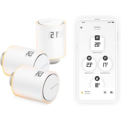 Netatmo Pack 3 Verbundene und Intelligente Thermostatköpfe, Zubehör für Verbundene und Intelligente Thermostate, Thermostatventile für Heizkörper, NBU-NAV-EU von Netatmo