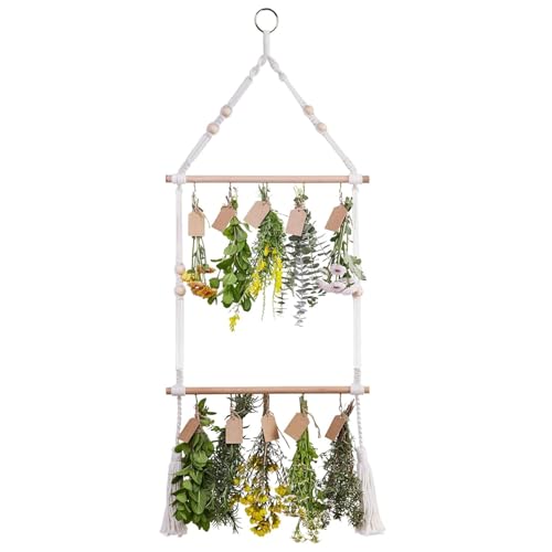 NethCasti Kräuter Trocknungsregal 47.2 '' Lange 2 Ebenen Blumen trocknende Rack 25pcs -Tags und natürliche Jute -Twine Roll Kräutertrockner Rustikalstil Makrame Rackdrying hängen von NethCasti