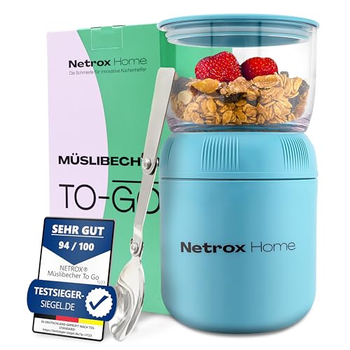 NetroxHome - Müslibecher To Go mit Löffel, Auslaufsicherer Joghurtbecher To Go aus Edelstahl, Lunchbox, Müslibecher - To Go Becher für Müsli, Joghurt, Porridge, Suppen - Müsli To Go Becher - Kinder von Netrox
