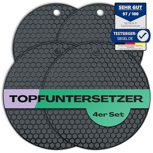NetroxHome 4er Set Topfuntersetzer aus Silikon - Extrem Hitzebeständig und BPA-Frei, rutschfest, Untersetzer für Töpfe, Teekannen und Pfannen - Silikonunterlage für die Küche - Untersetzer Topf von Netrox