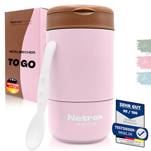 NetroxHome - Müslibecher To Go mit Löffel, Auslaufsicherer Joghurtbecher aus Edelstahl, Lunchbox, Müslibecher - für Joghurt Porridge Essen - rosa NetroxHome - Müslibecher To Go mit Löffel, Auslaufsicherer Joghurtbecher aus Edelstahl, Lunchbox, Müslibecher - für Joghurt Porridge Essen - rosa von Netrox