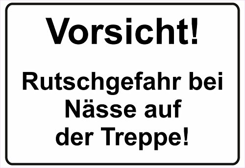 Schild Hinweisschild Hinweis Vorsicht Rutschgefahr bei Nässe auf der Treppe von Netspares