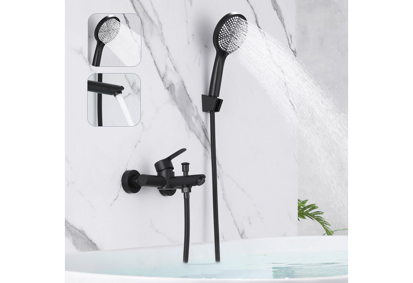 Nettlife Brausegarnitur Badewannenarmatur mit Handbrausemit 3 Funktionen Schwarz/Nickel, Klassisch Badewannen Amaturen von Nettlife