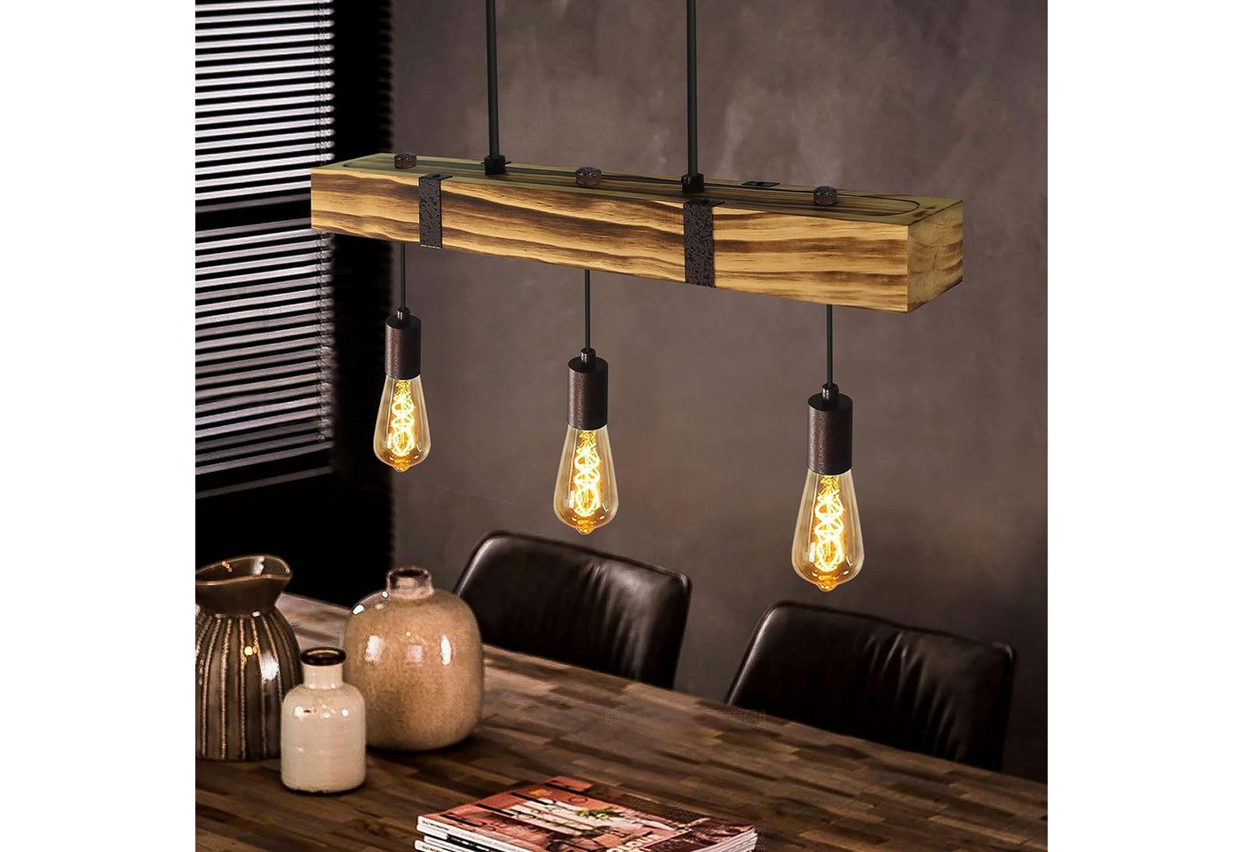 Nettlife Hängeleuchte Esszimmer Esstisch Holz Vintage E27 Pendelleuchte 61CM Industrial, Höhenverstellbar, LED wechselbar, Restaurant Bar Esszimmer Wohnzimmer von Nettlife