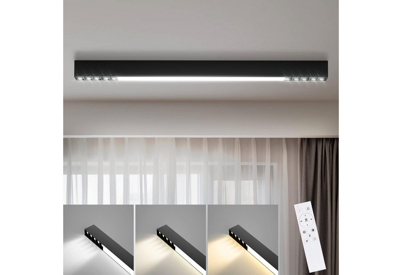 Nettlife LED Deckenleuchte Deckenlampe Schwarz 107/53/80CM Lang Decke Modern Deckenbeleuchtung, Dimmbar mit Fernbedienung,Memory-Funktion, LED fest integriert, Warmweiß, Neutralweiß, Kaltweiß, für Wohnzimmer Schlafzimmer Küche Büro, 32W, 107cm*3.5*5.5cm von Nettlife