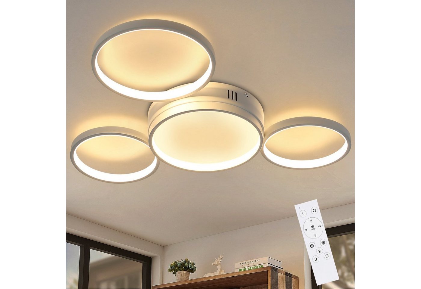 Nettlife LED Deckenleuchte Deckenlampe mit 4 Metall Ringe Dimmbar mit Fernbedienung, Dimmbar, LED fest integriert, Warmweiß, Neutralweiß, Kaltweiß, für Wohnzimmer Küche Schlafzimmer von Nettlife