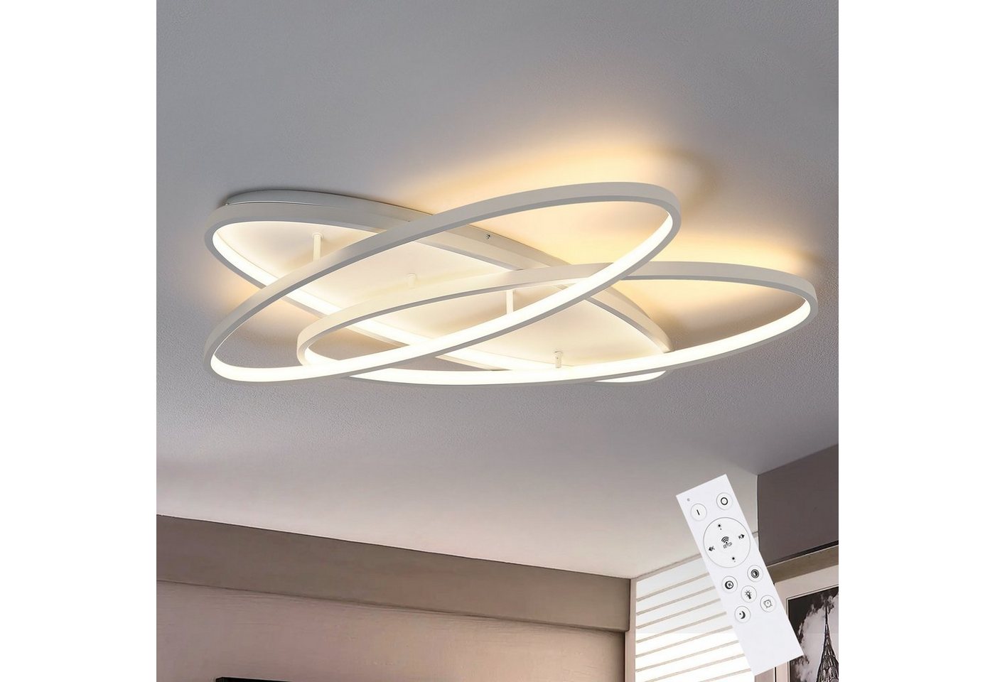 Nettlife LED Deckenleuchte Schlafzimmer Dimmbar Weiß 76W 2 Ring Modern Deckenbeleuchtung, Dimmbar mit Fernbedienung, LED fest integriert, Warmweiß, Neutralweiß, Kaltweiß, für Schlafzimmer Küche Wohnzimmer von Nettlife