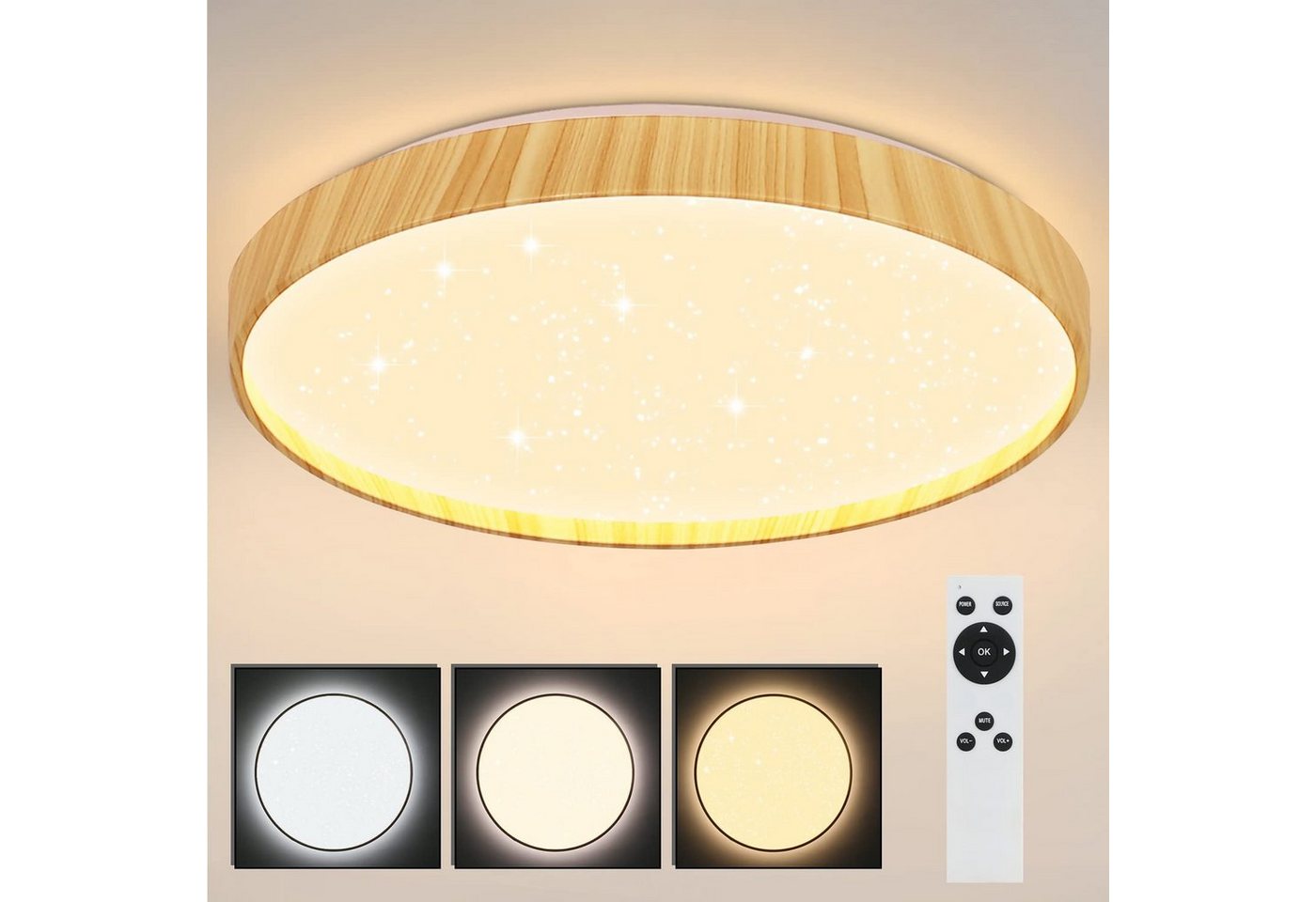 Nettlife LED Deckenleuchte Holz Deckenlampe Dimmbar mit Fernbedienung, LED fest integriert, Warmweiß, Neutralweiß, Kaltweiß, Schlafzimmer Wohnzimmer Badezimmer Arbeitszimmer von Nettlife