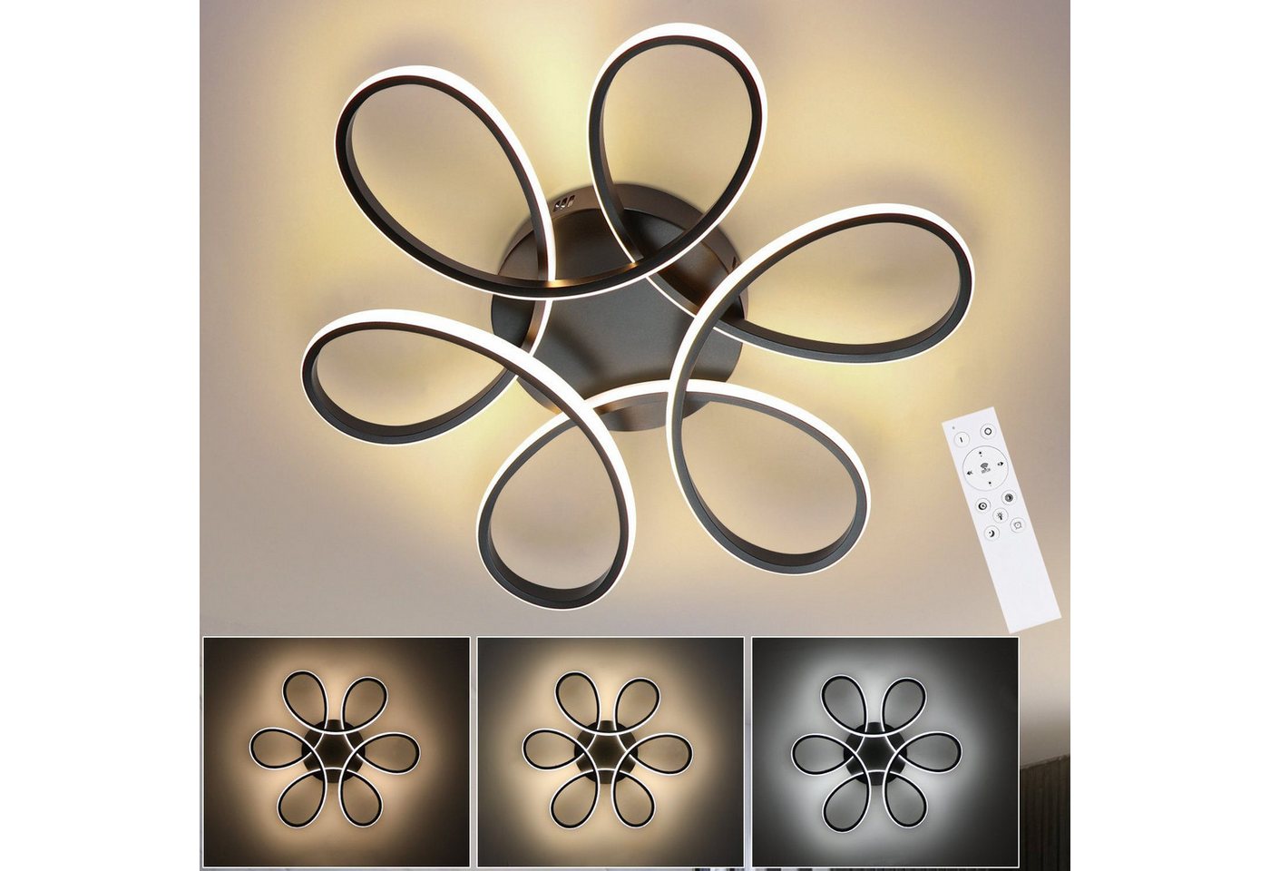 Nettlife LED Deckenleuchte Schwarz Deckenlampe Dimmbar mit Fernbedienung Modern, Dimmbar, LED fest integriert, Warmweiß Neutralweiß Kaltweiß, für Wohnzimmer Schlafzimmer Küche von Nettlife