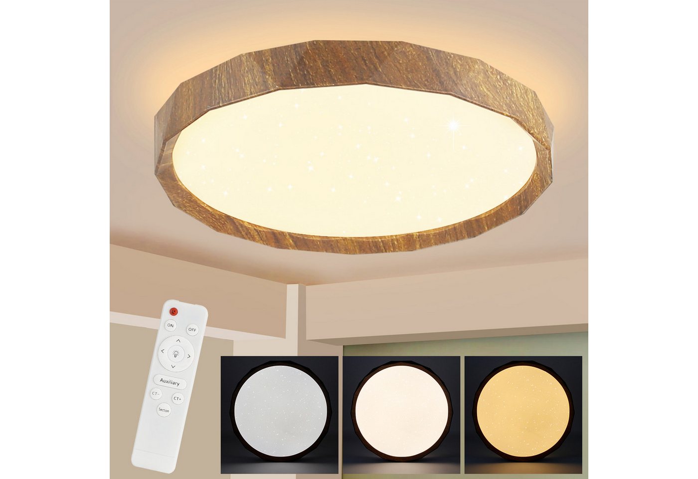 Nettlife LED Deckenleuchte Sternenhimmel Dimmbar mit Fernbedienung Holzoptik Deckenlampe 40cm, Rustikal, LED fest integriert, Warmweiß Neutralweiß Kaltweiß, Wohnzimmer Schlafzimmer Flur Küche, 40CM von Nettlife