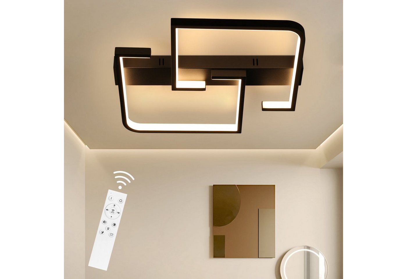 Nettlife LED Deckenleuchte Wohnzimmer Dimmbar mit Fernbedienung Deckenlampe 45W 61CM, LED fest integriert, Tageslichtweiß, warmweiß, kaltweiß, Dimmbar, Schwarz von Nettlife