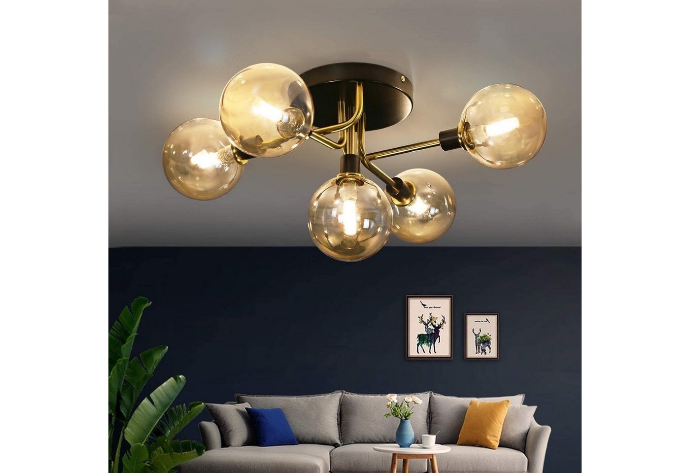 Nettlife LED Deckenleuchte Wohnzimmer Gold 5 Glühbirnen Glaskugeln G9 40W, LED wechselbar, Warmweiß von Nettlife