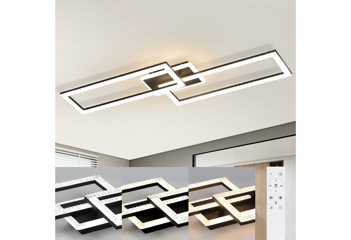 Nettlife LED Deckenleuchte Wohnzimmer Dimmbar mit Fernbedienung Schwarz 56W Metall Kristall, LED fest integriert, Warmweiß Neutralweiß Kaltweiß, Schlafzimmer küche von Nettlife