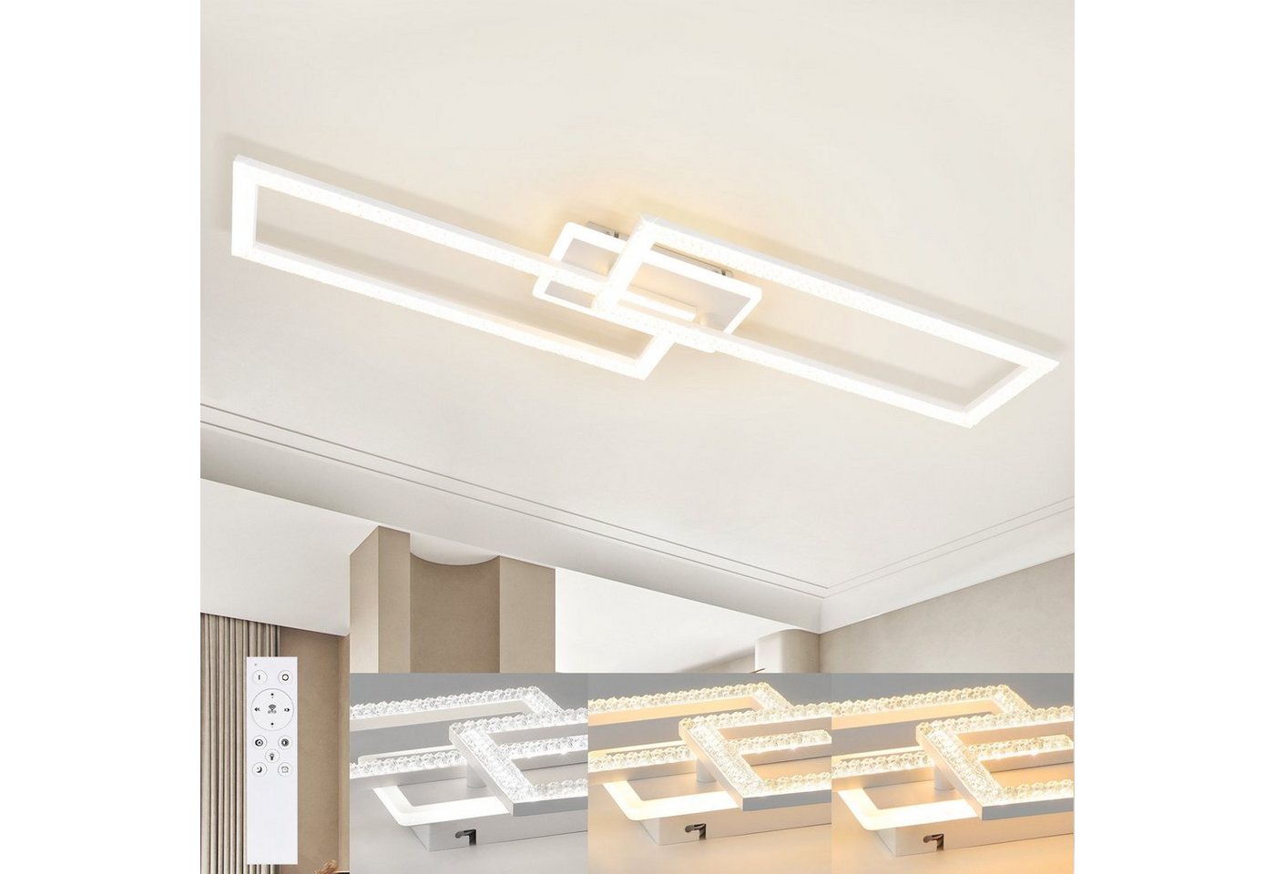 Nettlife LED Deckenleuchte Weiß 56W 80CM Deckenlampe Metall Kristall Quadratisch, Dimmbar mit Fernbedienung, LED fest integriert, Warmweiß, Neutralweiß, Kaltweiß, für Wohnzimmer Schlafzimmer Küche von Nettlife