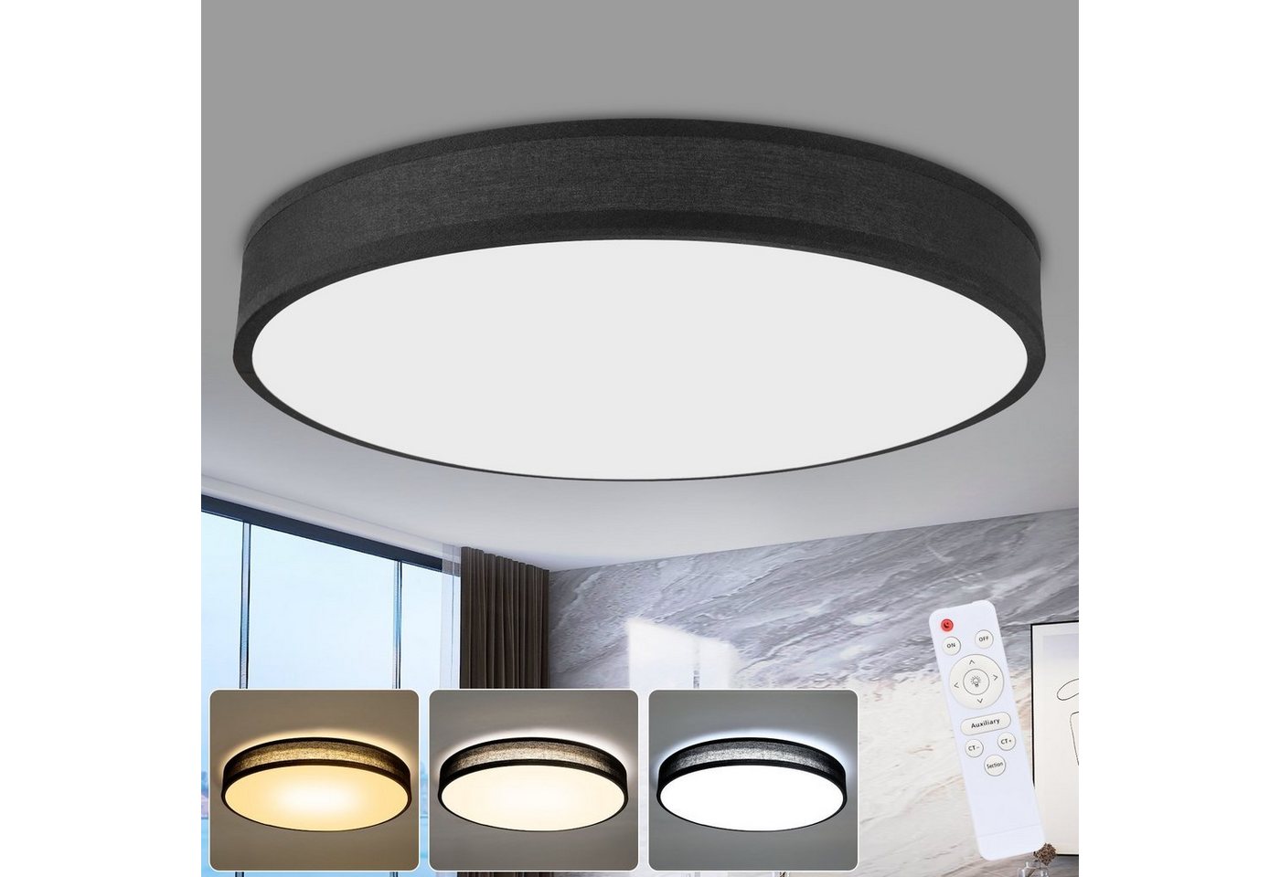 Nettlife LED Panel Schwarz Runde decklampe mit Stoffschirm 38 cm, dimmbar mit Fernbedienung, LED fest integriert, Warmweiß, Neutralweiß, Kaltweiß, für Wohnzimmer Schlafzimmer Küche Flur von Nettlife