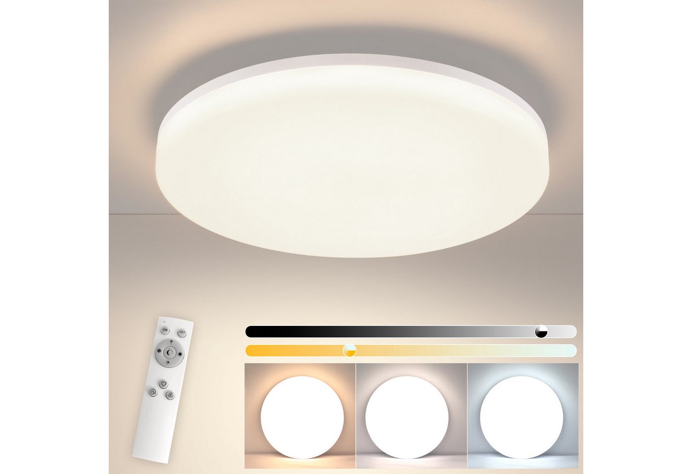 Nettlife LED Panel Deckenleuchte Badezimmer Dimmbar mit Fernbedienung 18W Rund, IP54 Wasserdicht, LED fest integriert, Warmweiß Neutralweiß Kaltweiß, Küche Flur Schlafzimmer, 22 x 22 x 4,8 cm von Nettlife