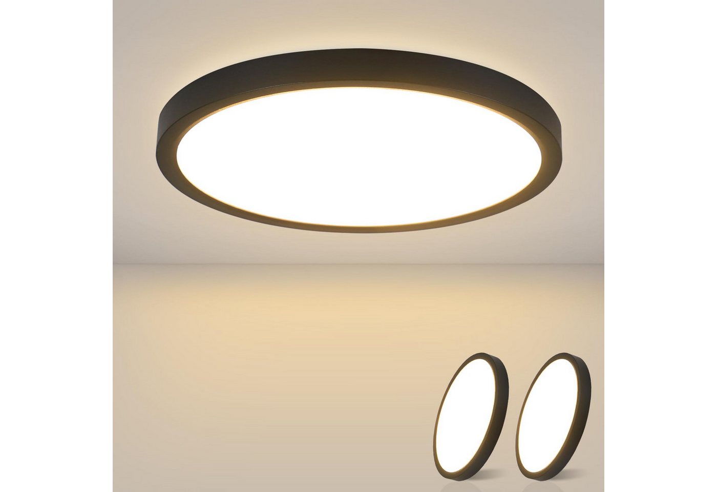 Nettlife LED Panel Deckenleuchte Schwarz/Weiß Flach Rund 15W 18CM Klein Badezimmerlampe, IP44, LED fest integriert, Warmweiß, für Badezimmer Flur Küche Balkon Schlafzimmer von Nettlife