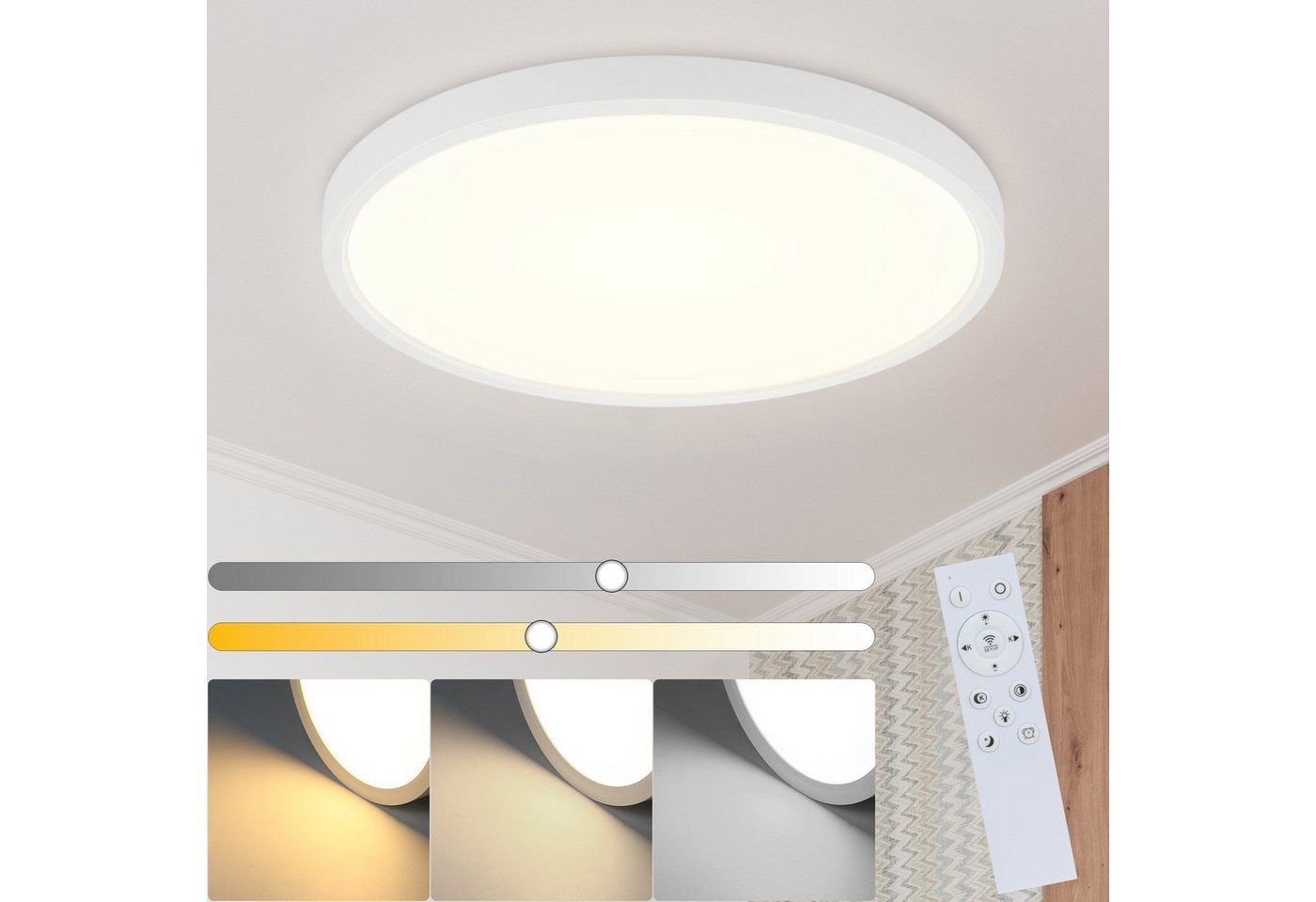 Nettlife LED Panel Schwarz Deckenlampe Flach Deckenbeleuchtung Rund, Dimmbar mit Fernbedienung,IP44 Wasserdicht, LED fest integriert, Warmweiß, Neutralweiß, Kaltweiß, für Küche Flur Badezimmer Schlafzimmer, 20W, 30*30*2.5cm von Nettlife