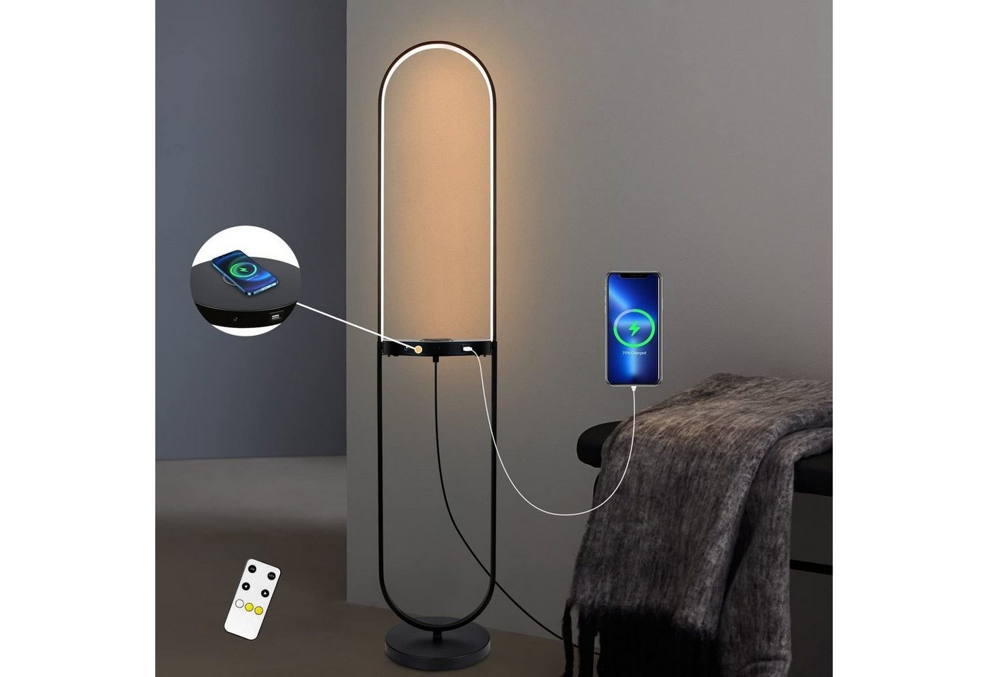 Nettlife LED Stehlampe Dimmbar mit Fernbedienung Touch Dimmbar, Mit USB Ladefunktion, LED fest integriert, Warmweiß, Neutralweiß, Kaltweiß, Mit USB Ladefunktion, für Schlafzimmer Wohnzimmer Arbeitszimmer von Nettlife