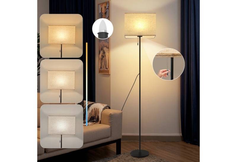 Nettlife LED Stehlampe Vintage Lampenschirm Dimmbar Wohnzimmer Beige mit Seilzugschalter, mit Seilzugschalter, LED fest integriert, Farbwechsler, Retro Leselampe für Schlafzimmer Esszimmer Büro von Nettlife