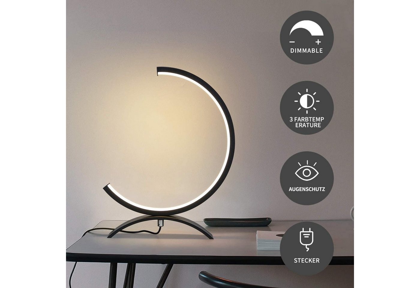 Nettlife LED Tischleuchte Dimmbar Schwarz 7W Nachttischlampe Modern Schreibtischlampe, mit Schaltbar, LED fest integriert, Warmweiß Neutralweiß Kaltweiß, Schlafzimmer Wohnzimmer von Nettlife