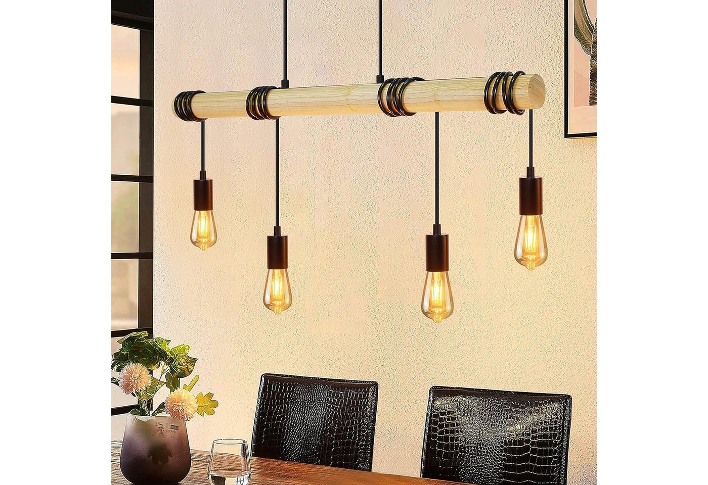 Nettlife Pendelleuchte Esstisch Holz Hängelampe Vintage E27 4 Flammig Hängend Industrial, LED wechselbar, Esszimmer Küche von Nettlife