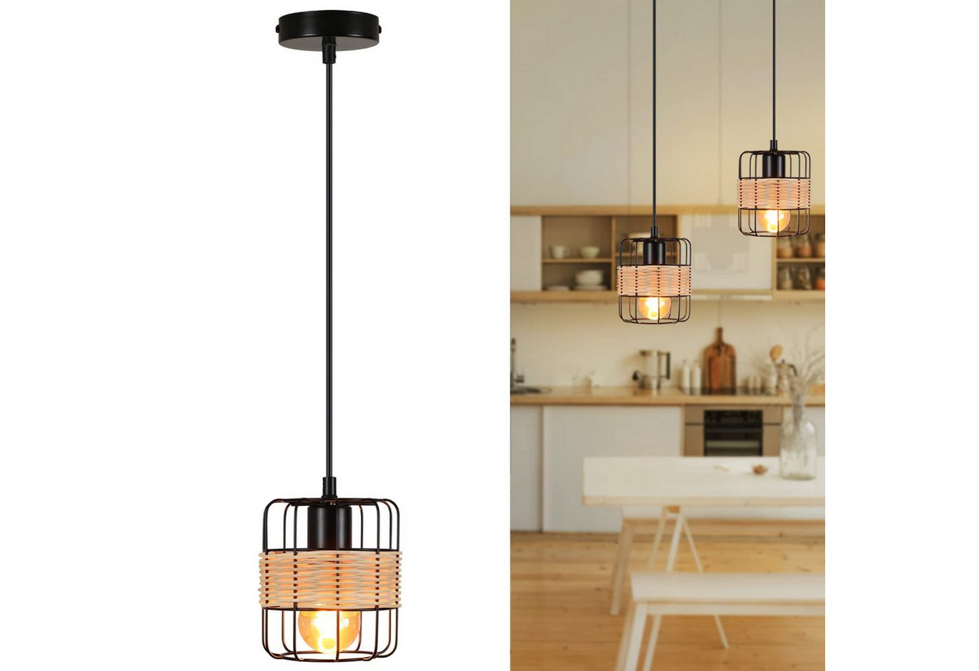 Nettlife Pendelleuchte E27 höhenverstellbar aus geflochtenen Rattan, LED wechselbar von Nettlife