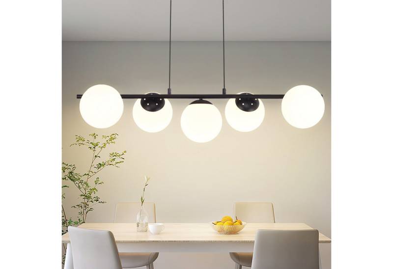 Nettlife Pendelleuchte Esstisch Schwarz Glas E27 5 Flammig Hängeleuchte Weiße 150CM, Höhenverstellbar, LED wechselbar, für Esszimmer Wohnzimmer Bartheke von Nettlife