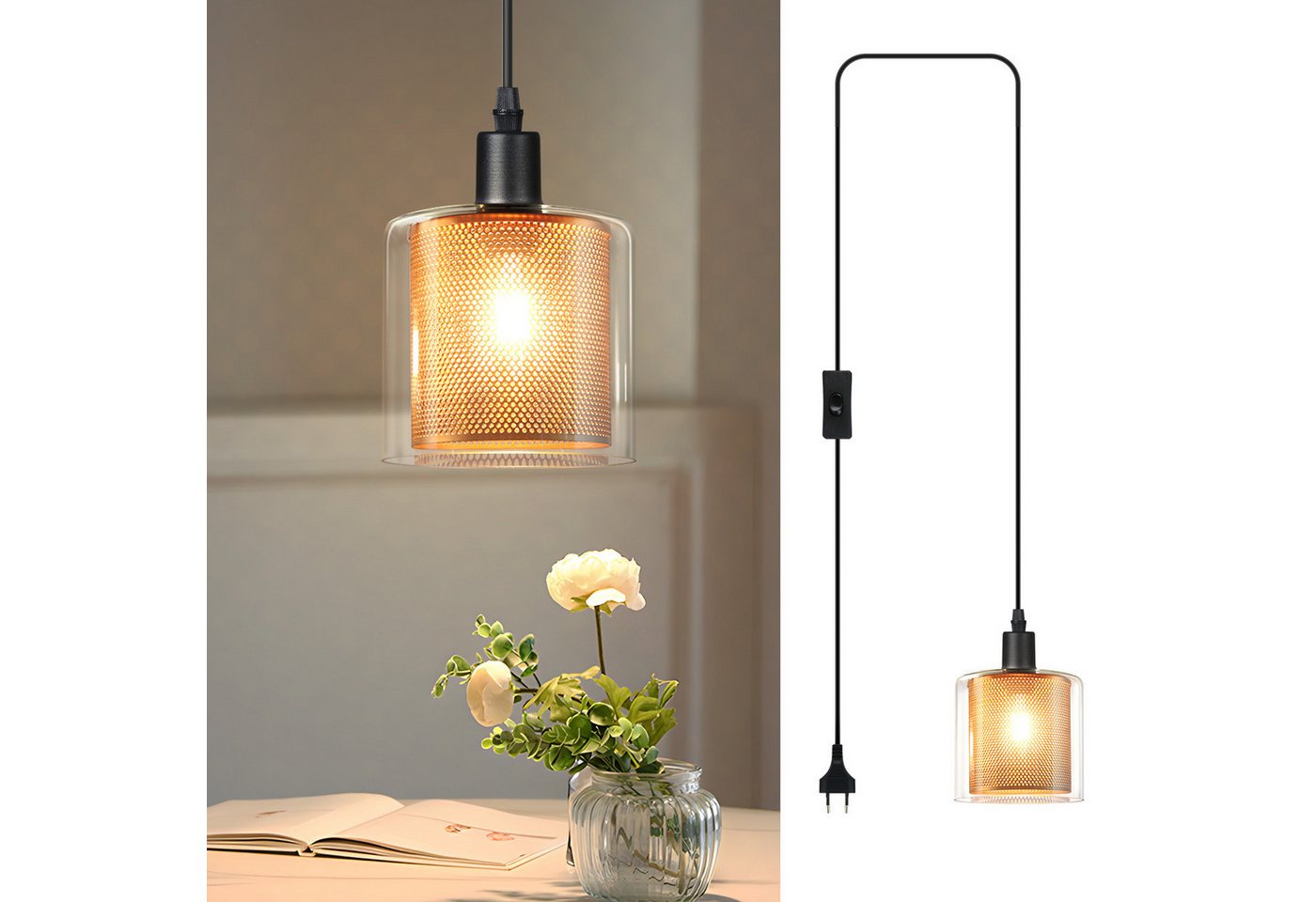 Nettlife Pendelleuchte Vintage Glas Gold E14 1 Flammig Esszimmer Hängelampe mit Stecker, mit Stecker und Schalter, LED wechselbar, Retro Esstisch Hängeleuchte für Wohnzimmer Küche Nettlife Pendelleuchte Vintage Glas Gold E14 1 Flammig Esszimmer Hängelampe mit Stecker, mit Stecker und Schalter, LED wechselbar, Retro Esstisch Hängeleuchte für Wohnzimmer Küche von Nettlife