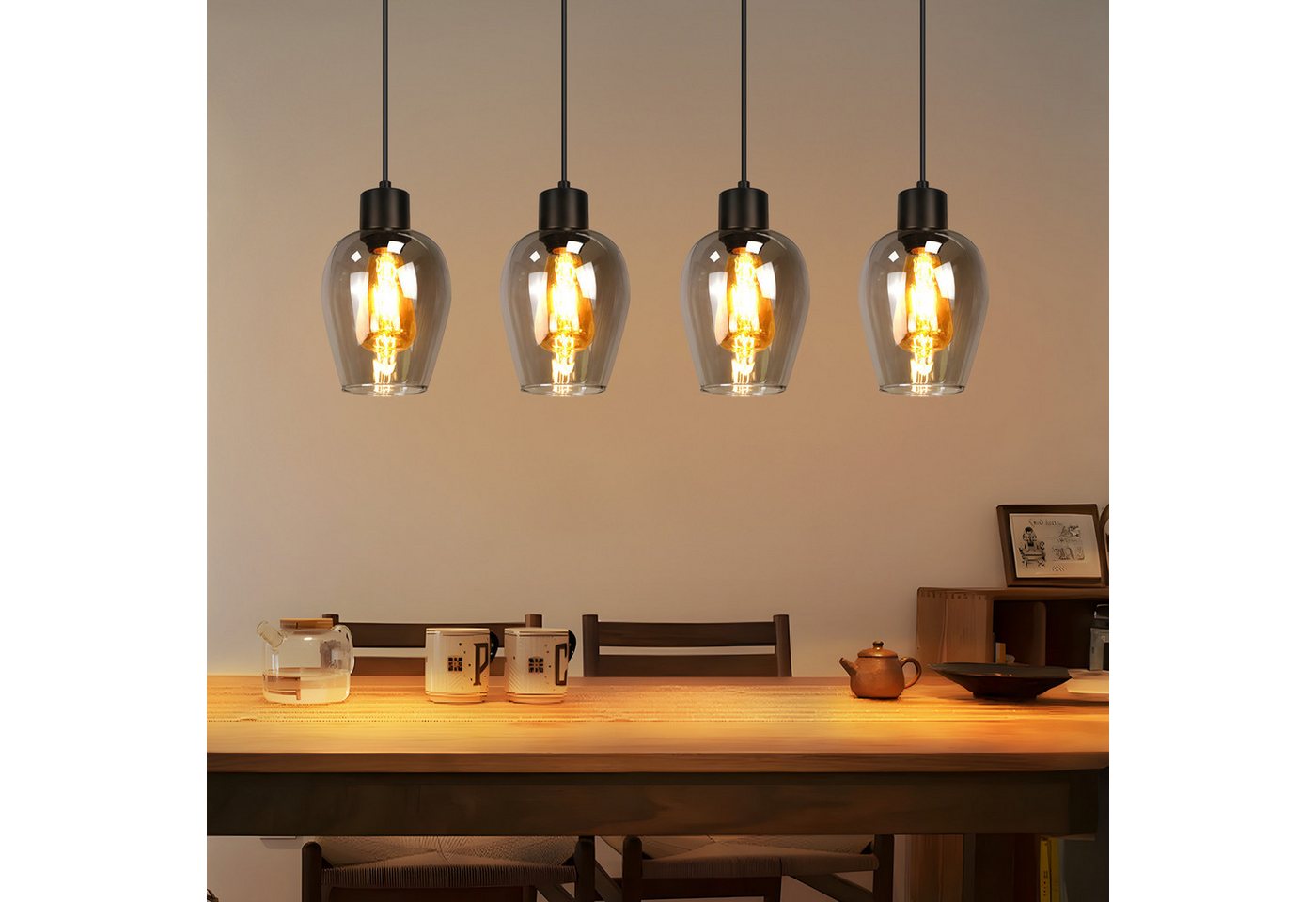 Nettlife Pendelleuchte Vintage Schwarz Hängelampe mit 1/3/4 Rauchglas-Schirmen E27, Höhenverstellbar, LED wechselbar, Esstischlampe für Wohnzimmer Küche von Nettlife