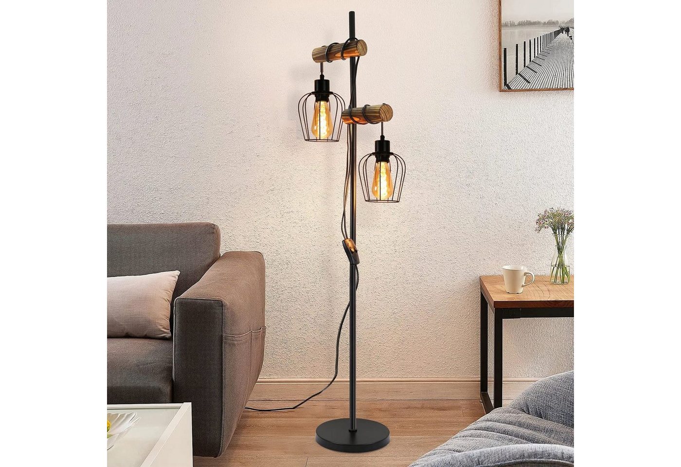 Nettlife Stehlampe 2 Flammig Vintage E27 Stehleuchteaus Holz mit Kippschalter, ohne Leuchtmittel, für Wohnzimmer schlafzimmer Esszimmer Büro von Nettlife