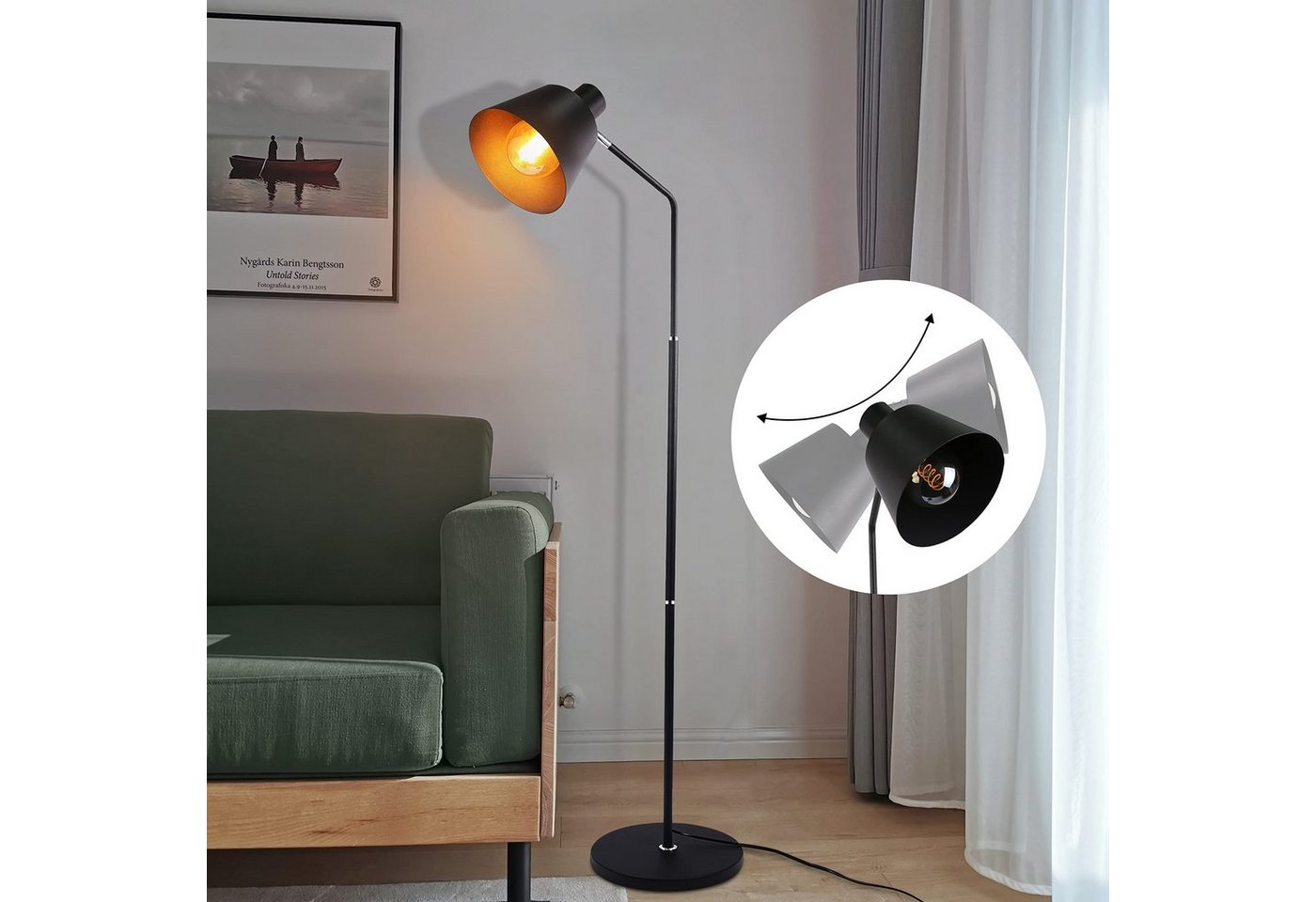 Nettlife Stehlampe Wohnzimmer Schwarz Vintage E27 Retro Stehleuchte 166cm, 90° Drehbar, LED wechselbar, Schlafzimmer Kinderzimmer Arbeitszimmer Büro von Nettlife