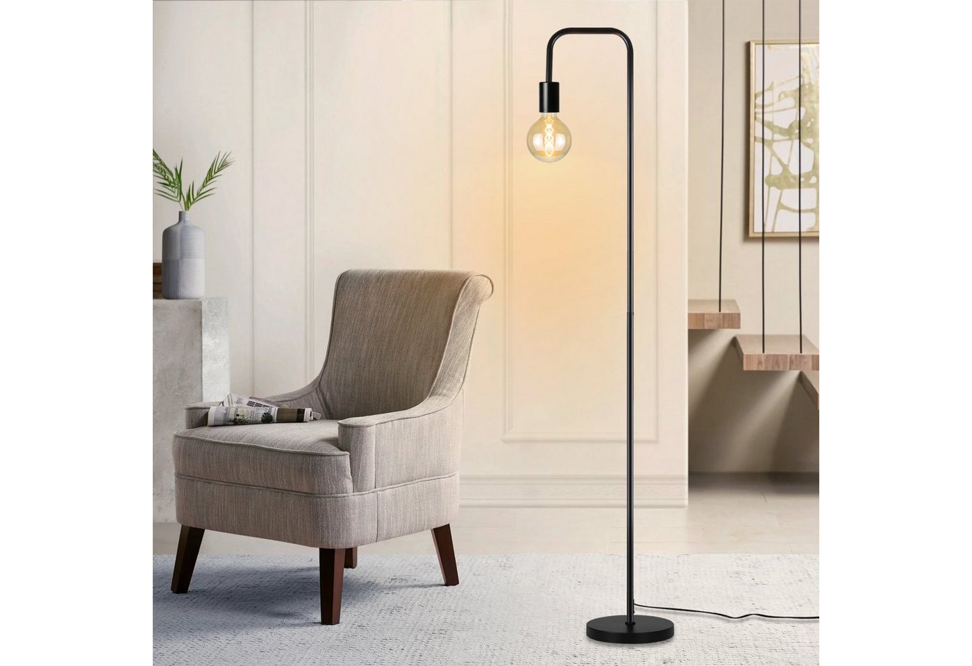 Nettlife Stehlampe Wohnzimmer Schwarz Vintage E27 Stehleuchte mit Fußschalter Metall, LED wechselbar, Schlafzimmer Büro von Nettlife