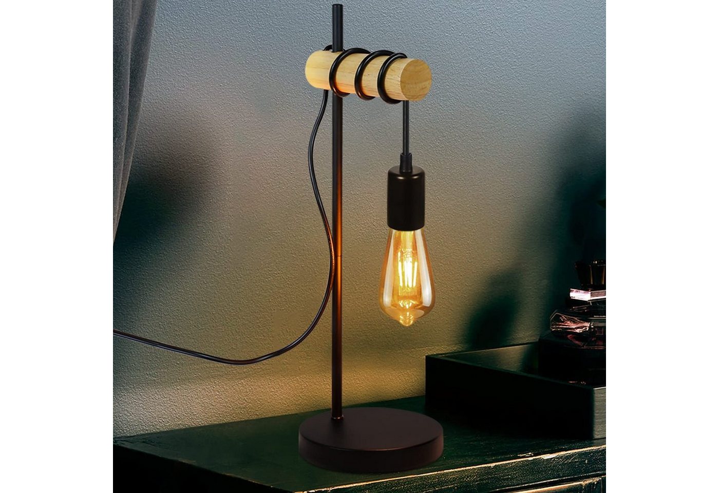 Nettlife Tischleuchte Holz Nachttischlampe Vintage Schwarz E27 Industrial Rustikal, mit Schalter, LED wechselbar, Wohnzimmer Schlafzimmer von Nettlife