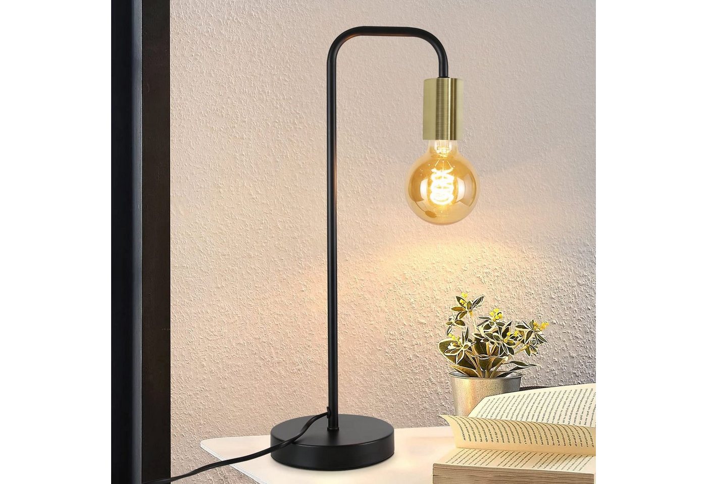 Nettlife Tischleuchte Schwarz Metall Industrial Vintage E27 Tischlampe Nachtlicht mit Kabel, mit Kippschalter, LED wechselbar, für Wohnzimmer Schlafzimmer kinderzimmer Bedside von Nettlife