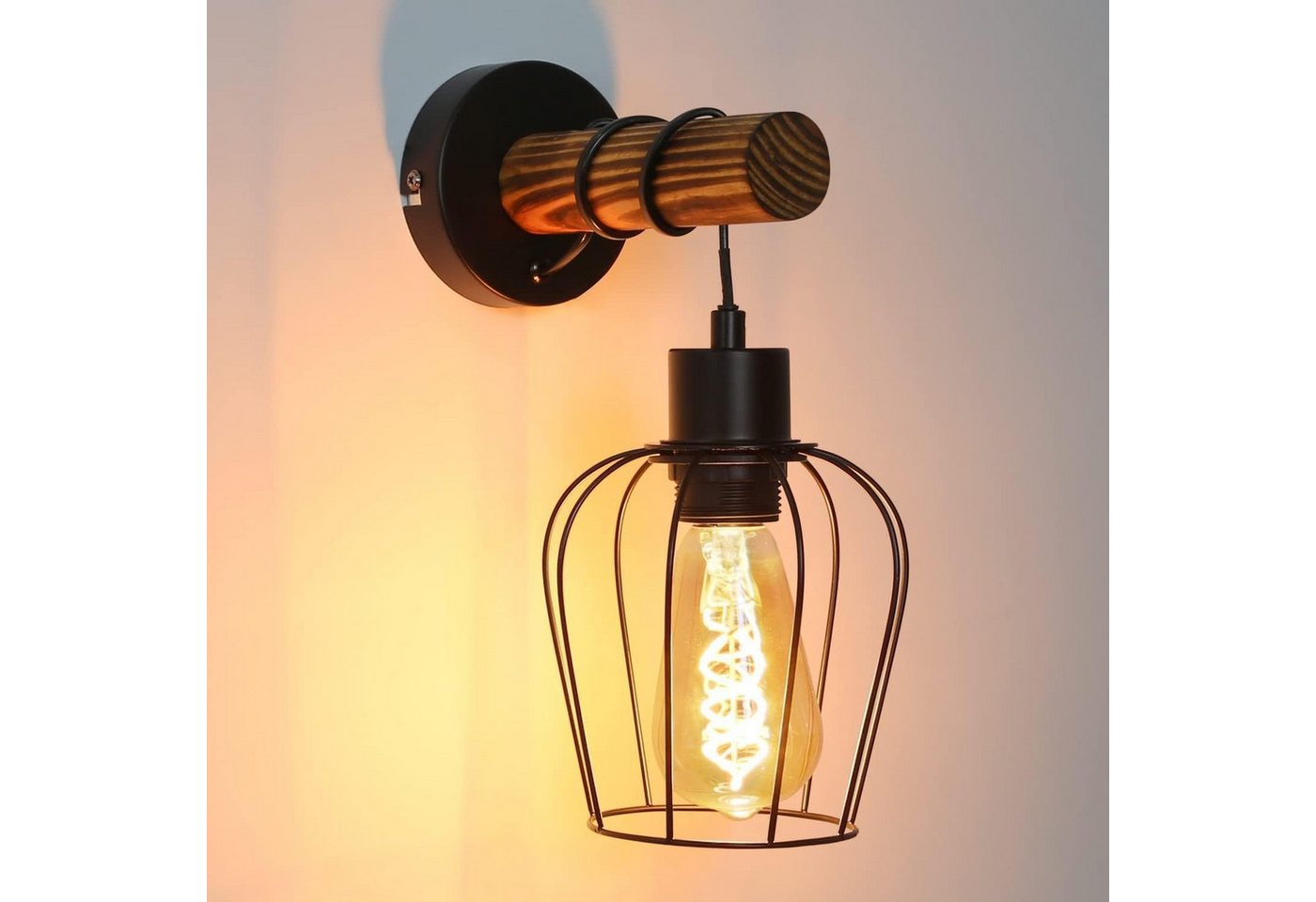 Nettlife Wandleuchte Holz Vintage E27 Innen Schwarz Wandlampe mit Schalter, LED wechselbar, für Schlafzimmer Wohnzimmer Flur Treppenhaus von Nettlife