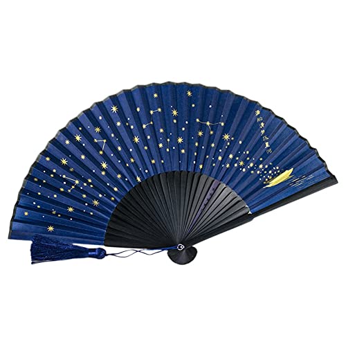 Nettoppo Klassischer Faltbarer FäCher Aus Sternenseide, Faltbarer TanzhandfäCher Aus Chinesischem Japanischem Stoff Aus Bambus (Blau) von Nettoppo
