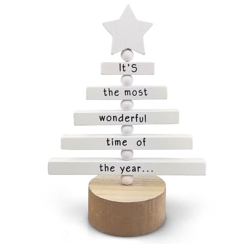 Netuno 1 Stück Deko Tannenbaum aus Holz Weiß 17 cm Deko Holzbaum mit Schriftzug Dekofigur Weihnachtsbaum Naturholz Holztannenbaum Weihnachtsdekoration Holz zum Aufstellen Christbaum klein von Netuno